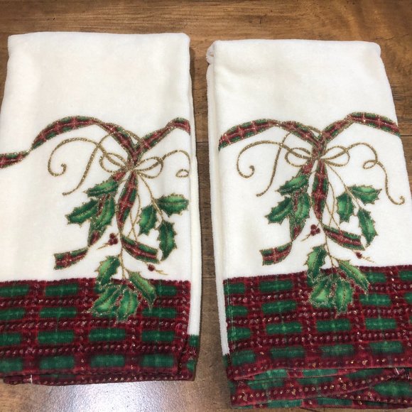 3 LENOX CHRISTMAS TOWELS 2 HAND FINGER Ribbon Tartan Plaid Holly Guest Bathroom - Picture 4 of 7
